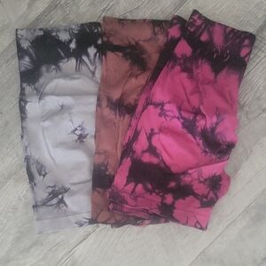 Tie-Dye Leggings Set in Pink, Brown, and Gray